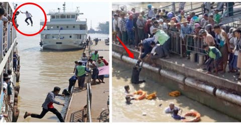 El dramático momento en el que el capitán de un barco salta para salvar a una pasajera