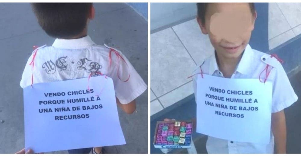 Se ríe de una niña humilde y su tía lo hace vender dulces con un cartel durante algunas horas